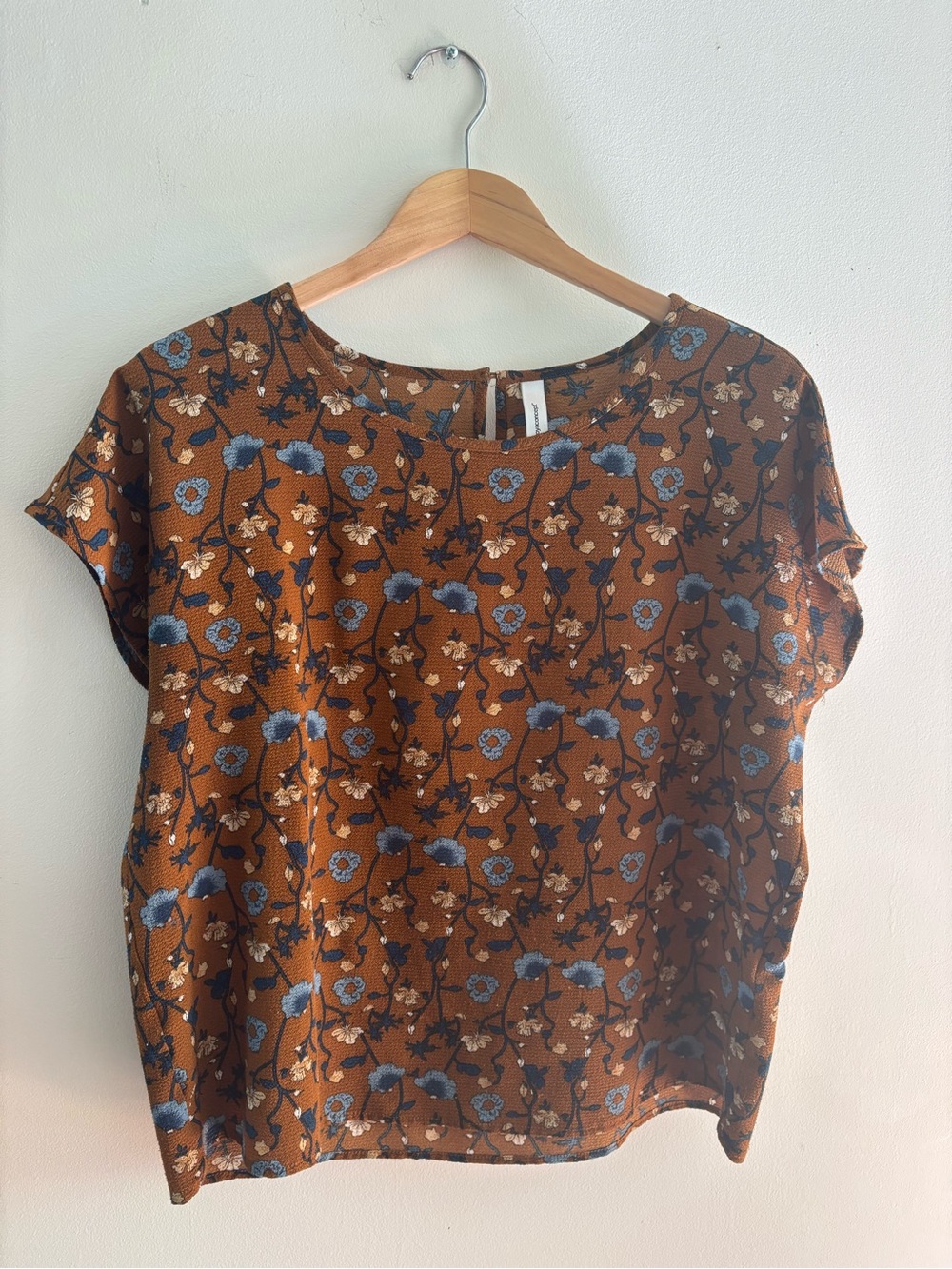 Rust Floral Cap-Sleeve Blouse with Blue Accents